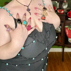 Vintage Rare Y2k Fairycore Black Tiered Ruffle Beaded Dress w/ Blue Rose Buds